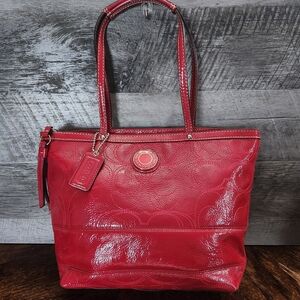 Coach Red Signature Stitched Patent Leather Shiny Tote.